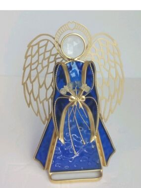 Vtg Stained Glass Angel Candle Holder Blue Votive Tea Light Prism Face 7.5"